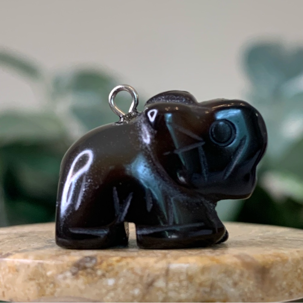 Black Obsidian Hand Carved Elephant Pendant Charm Miniature Crystal Animal .9"